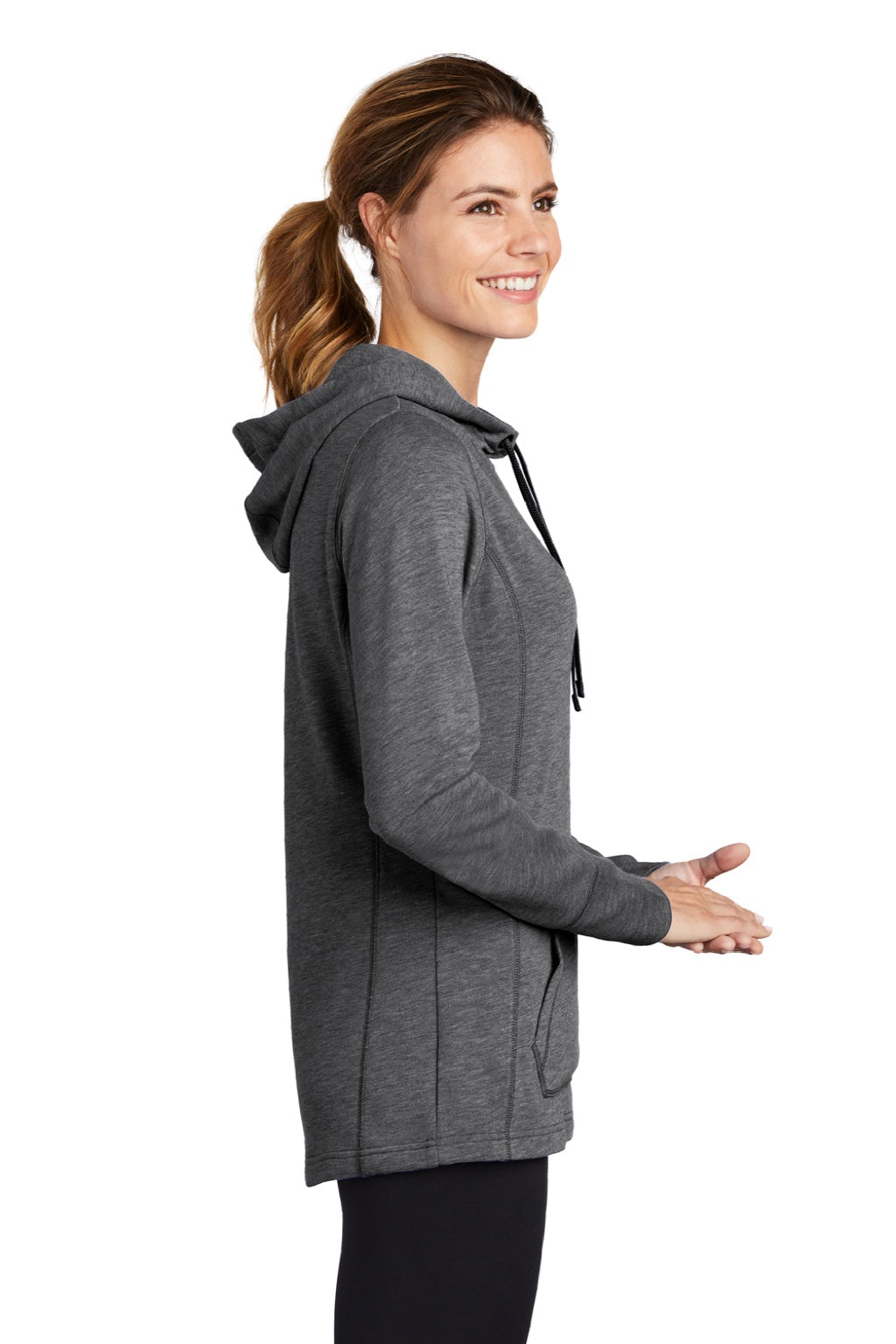 Sport-Tek LST296 Womens Moisture Wicking Fleece Hooded Sweatshirt Hoodie w/ Pouch Pocket Heather Dark Grey Model Side
