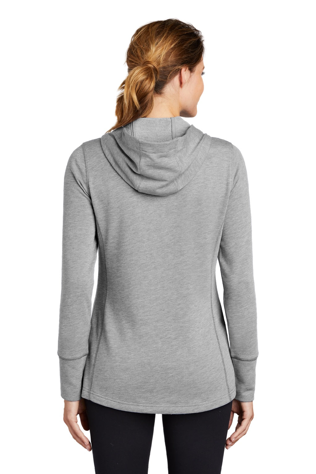 Sport-Tek LST296 Womens Moisture Wicking Fleece Hooded Sweatshirt Hoodie w/ Pouch Pocket Heather Light Grey Model Back