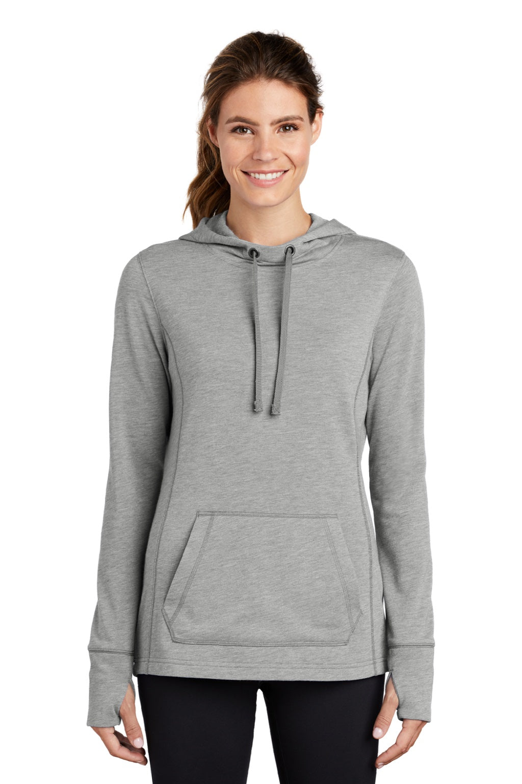 Sport-Tek LST296 Womens Moisture Wicking Fleece Hooded Sweatshirt Hoodie w/ Pouch Pocket Heather Light Grey Model Front