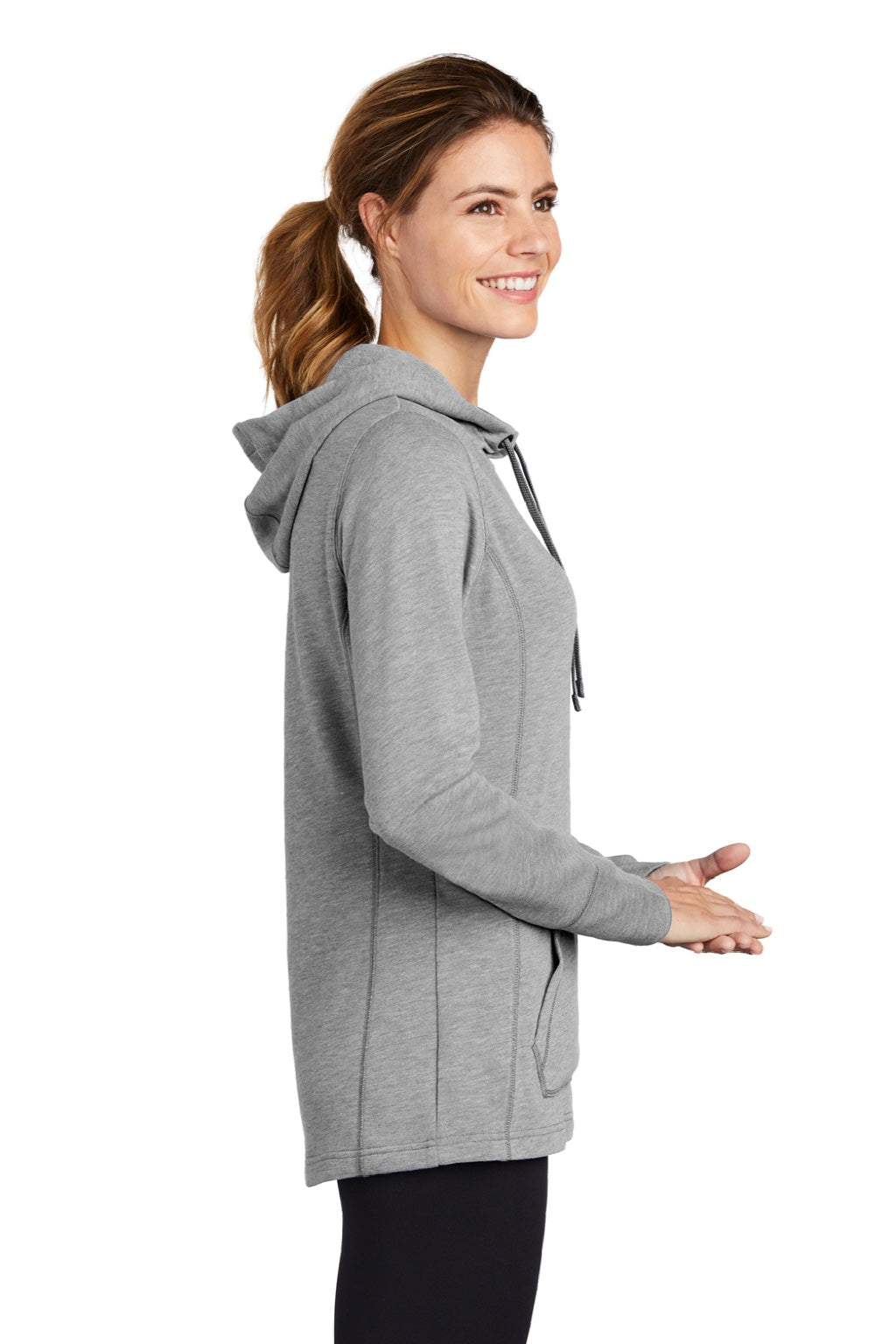 Sport-Tek LST296 Womens Moisture Wicking Fleece Hooded Sweatshirt Hoodie w/ Pouch Pocket Heather Light Grey Model Side