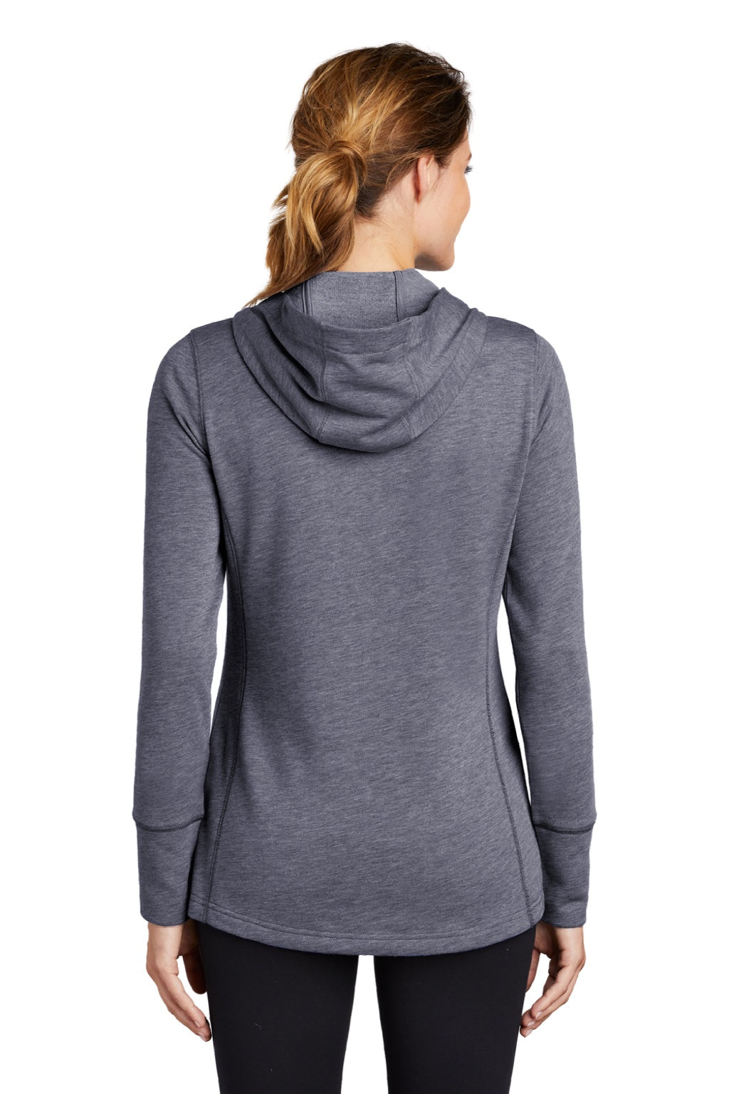 Sport-Tek LST296 Womens Moisture Wicking Fleece Hooded Sweatshirt Hoodie w/ Pouch Pocket Heather True Navy Blue Model Back