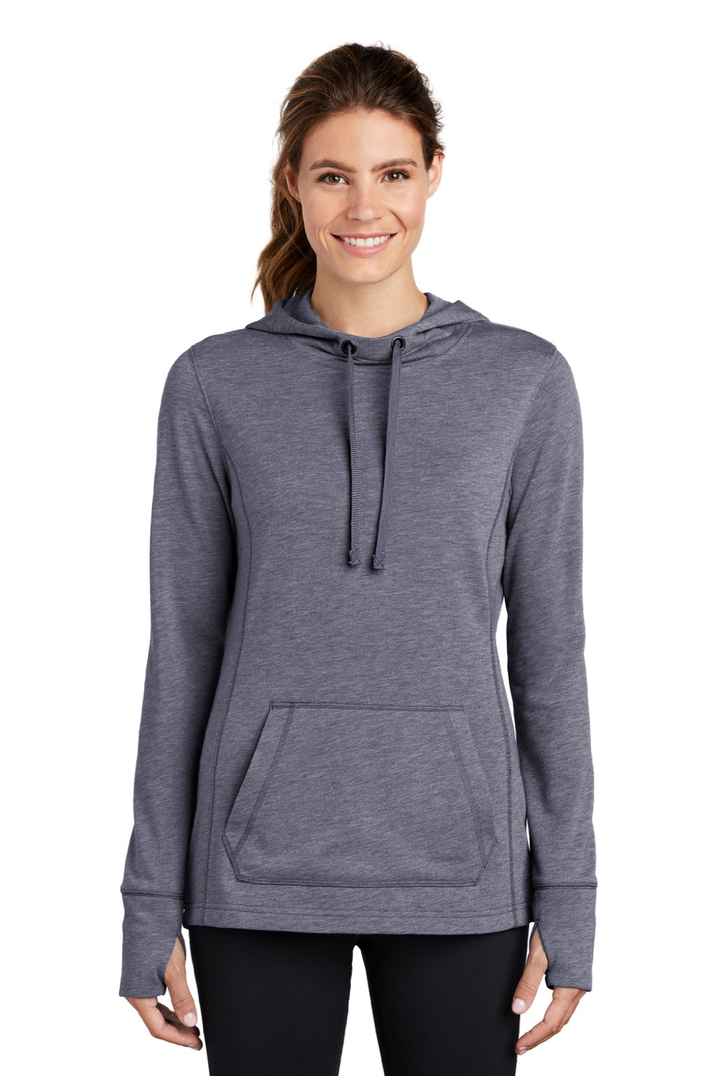 Sport-Tek LST296 Womens Moisture Wicking Fleece Hooded Sweatshirt Hoodie w/ Pouch Pocket Heather True Navy Blue Model Front