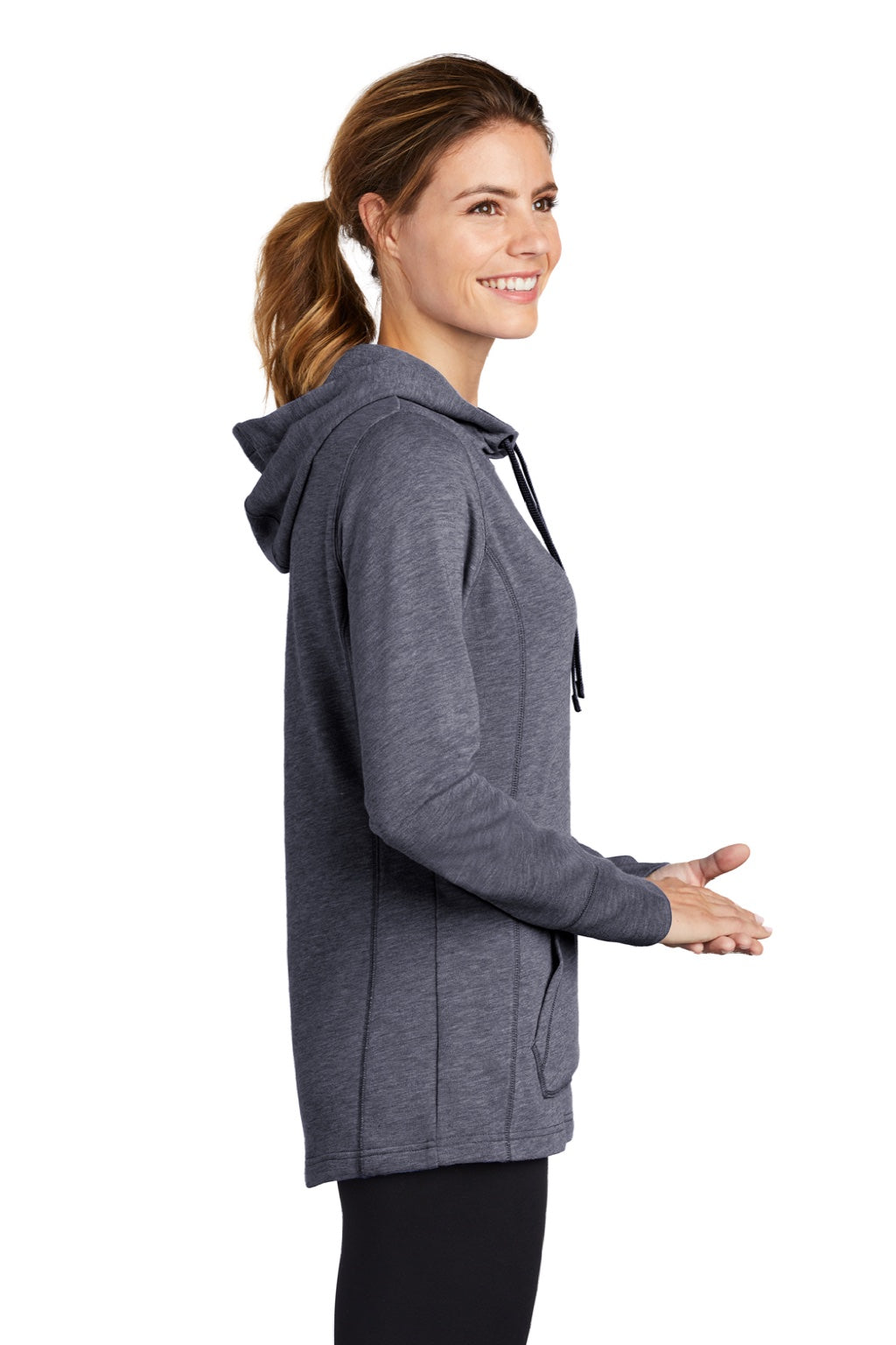 Sport-Tek LST296 Womens Moisture Wicking Fleece Hooded Sweatshirt Hoodie w/ Pouch Pocket Heather True Navy Blue Model Side