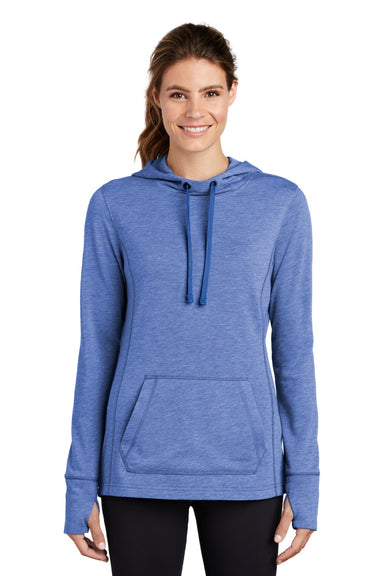 Sport-Tek LST296 Womens Moisture Wicking Fleece Hooded Sweatshirt Hoodie w/ Pouch Pocket Heather True Royal Blue Model Front