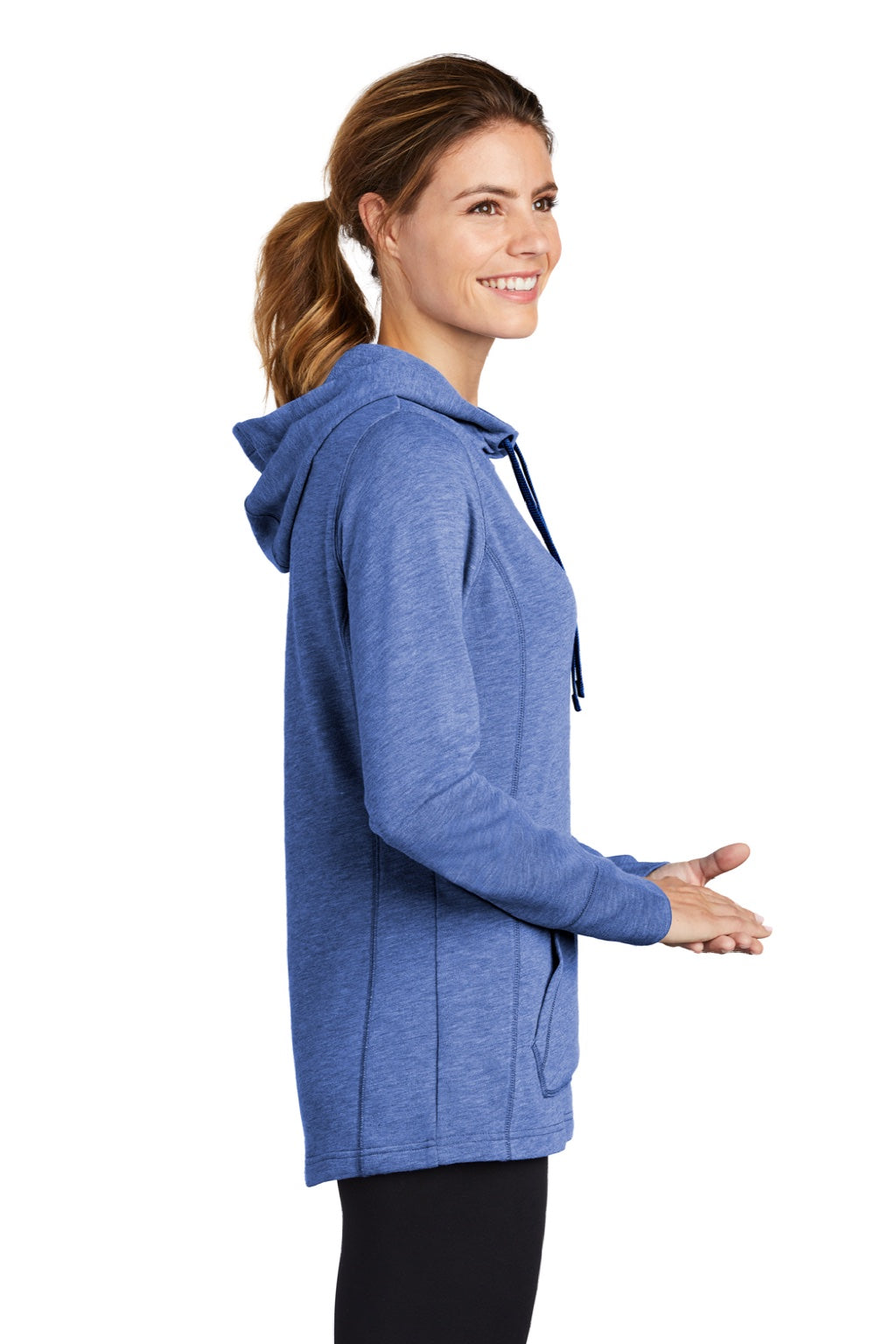 Sport-Tek LST296 Womens Moisture Wicking Fleece Hooded Sweatshirt Hoodie w/ Pouch Pocket Heather True Royal Blue Model Side