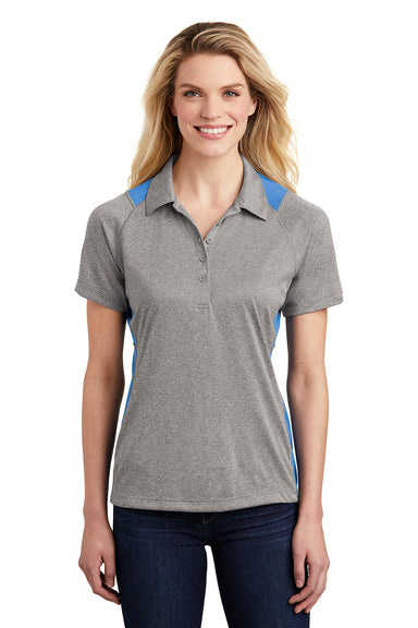 Sport-Tek LST665 Womens Heather Contender Moisture Wicking Short Sleeve Polo Shirt Vintage Grey/Carolina Blue Front