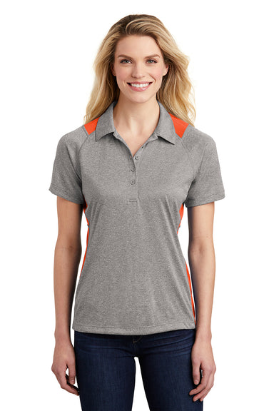Sport-Tek LST665 Womens Heather Contender Moisture Wicking Short Sleeve Polo Shirt Heather Vintage Grey/Deep Orange Model Front