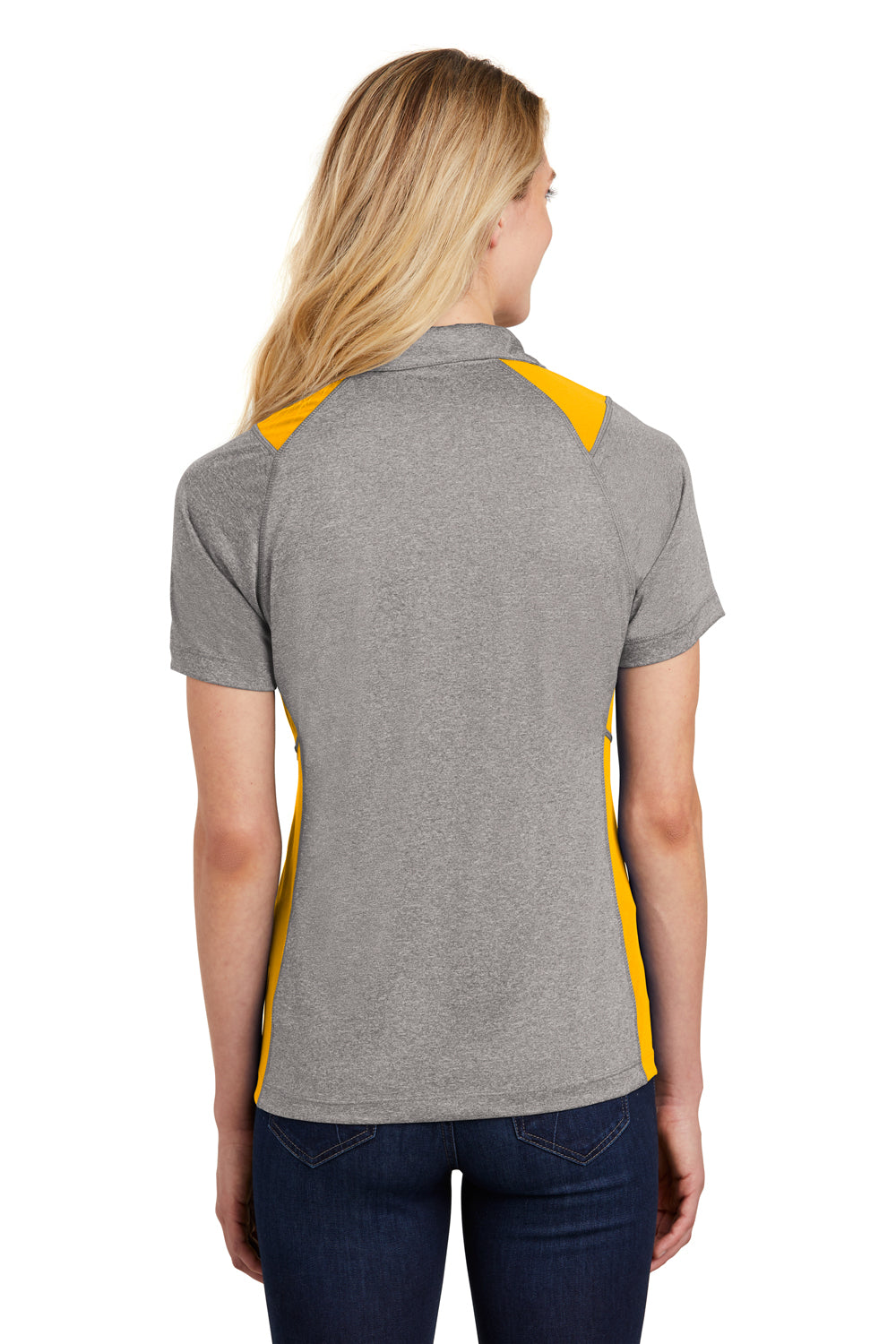 Sport-Tek LST665 Womens Heather Contender Moisture Wicking Short Sleeve Polo Shirt Heather Vintage Grey/Gold Model Back