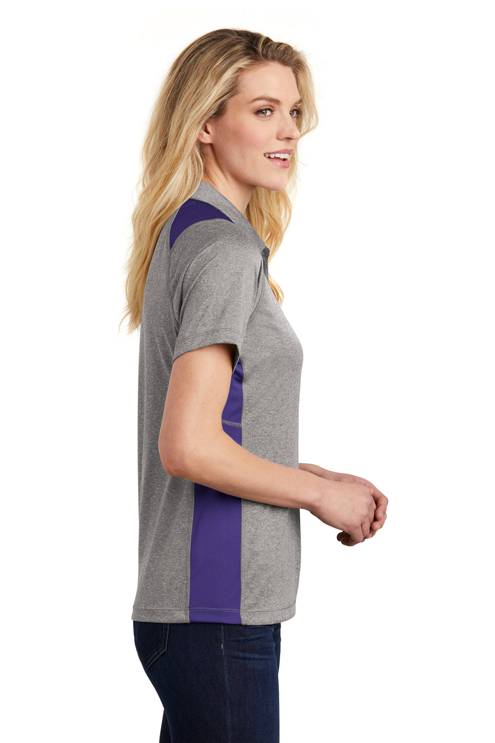 Sport-Tek LST665 Womens Heather Contender Moisture Wicking Short Sleeve Polo Shirt Vintage Grey/Purple Side