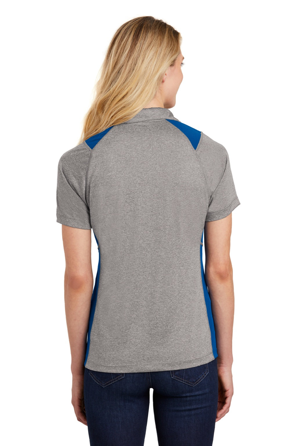 Sport-Tek LST665 Womens Heather Contender Moisture Wicking Short Sleeve Polo Shirt Heather Vintage Grey/Royal Blue Model Back