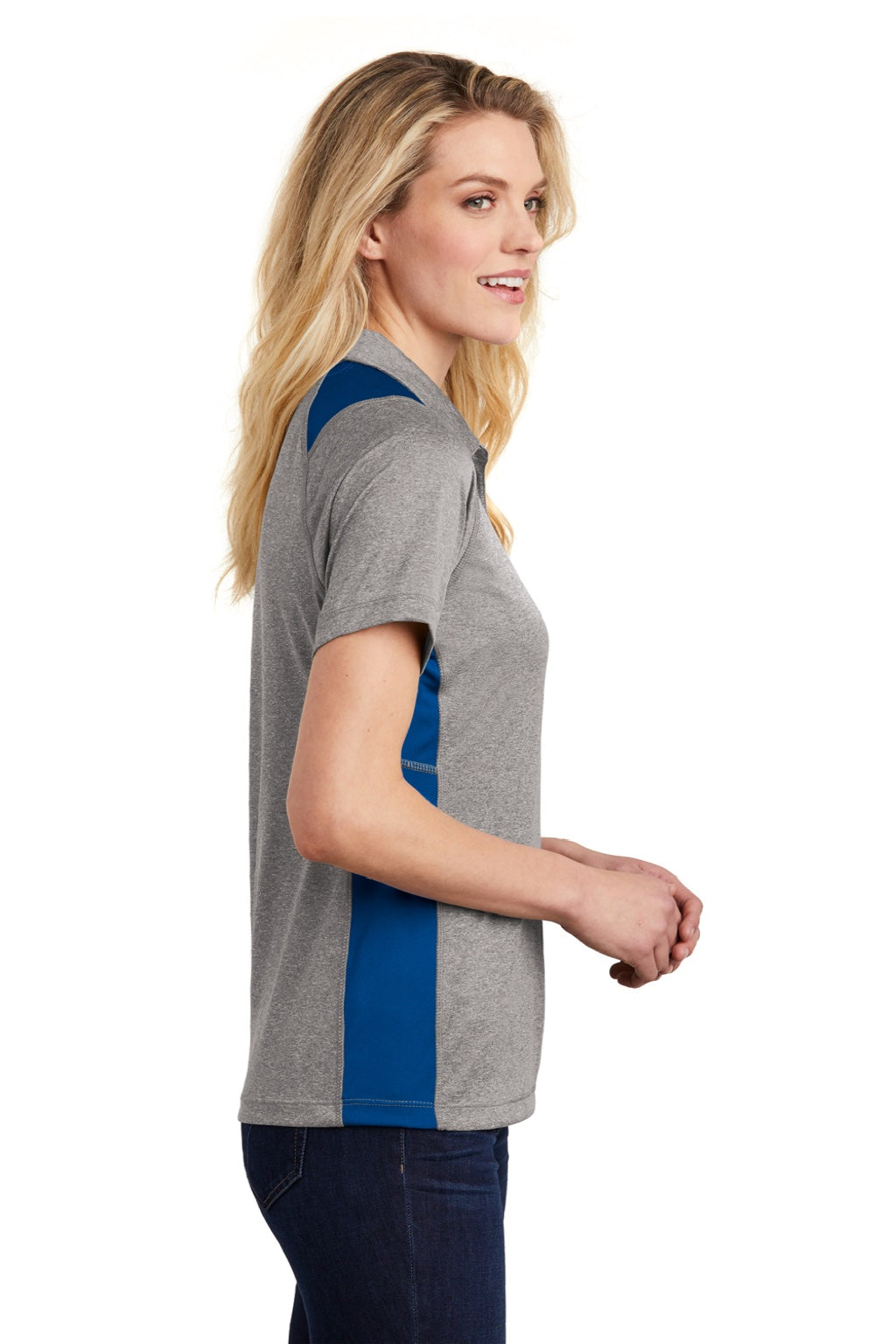 Sport-Tek LST665 Womens Heather Contender Moisture Wicking Short Sleeve Polo Shirt Heather Vintage Grey/Royal Blue Model Side