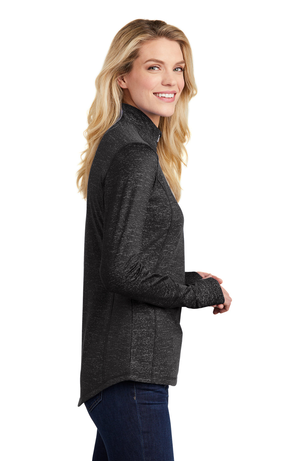 Sport-Tek LST855 Womens Sport-Wick Moisture Wicking 1/4 Zip Sweatshirt Black Model Side