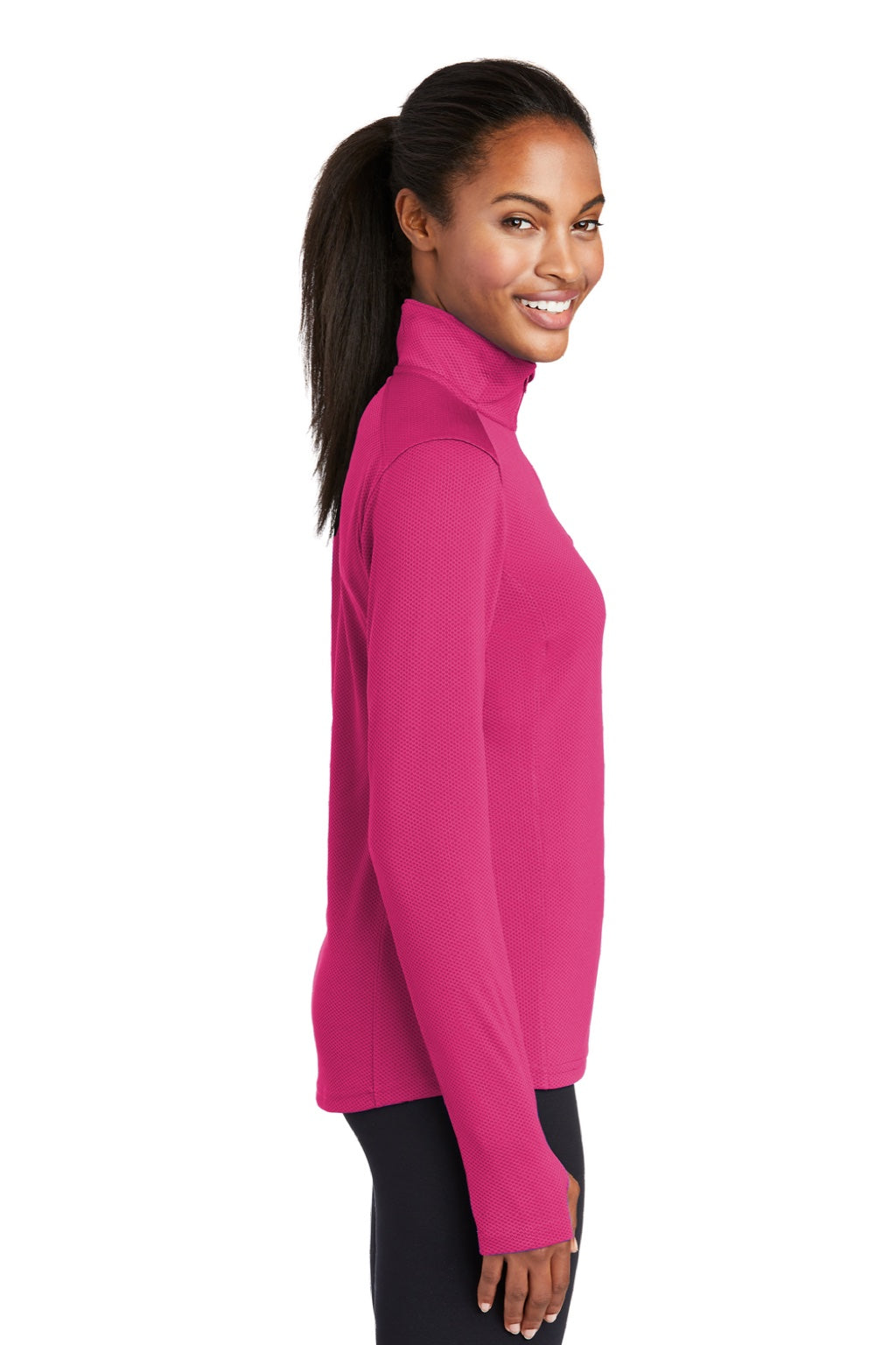 Sport-Tek LST860 Womens Sport-Wick Moisture Wicking 1/4 Zip Sweatshirt Raspberry Pink Model Side