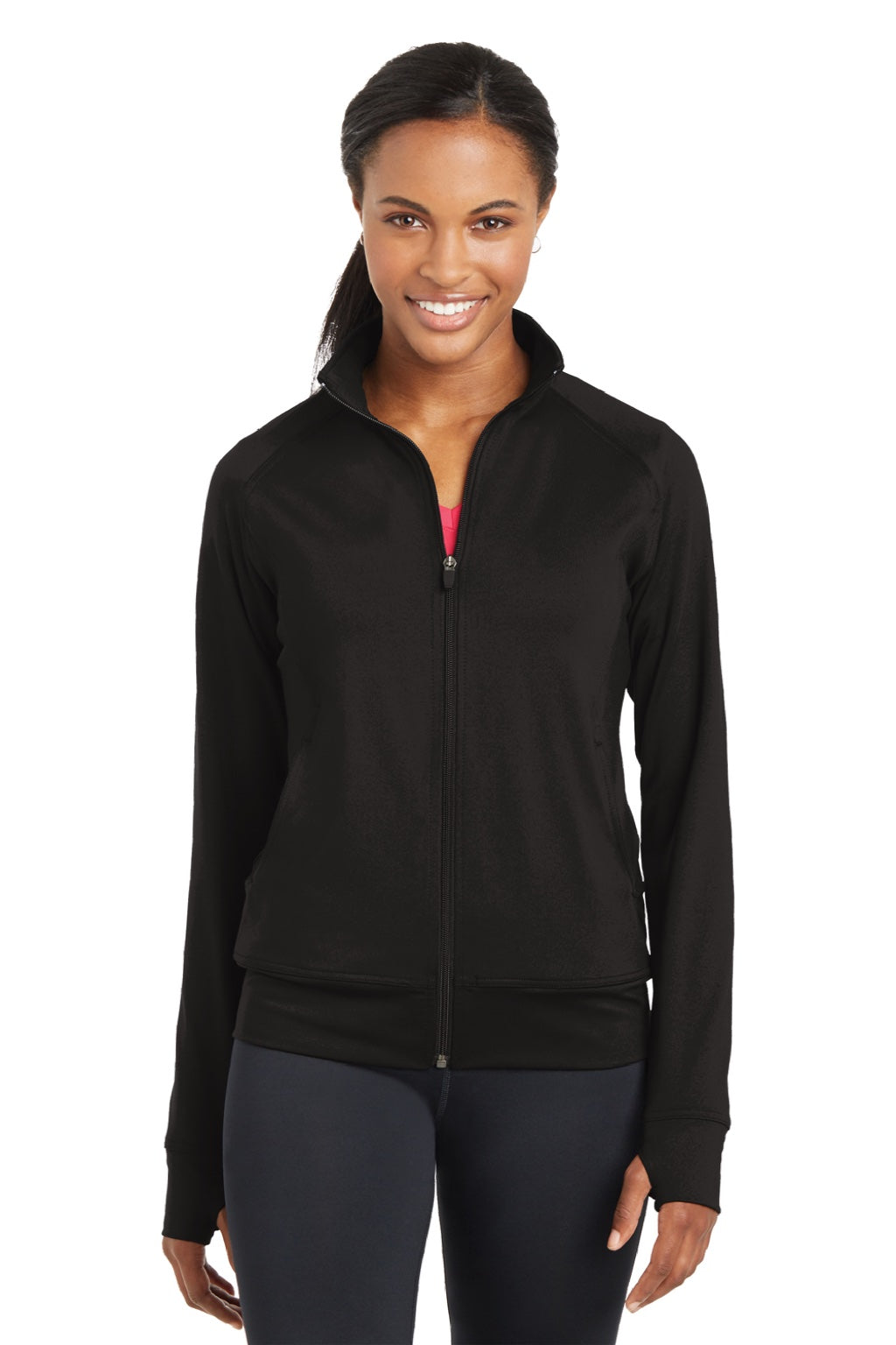 Sport-Tek LST885 Womens NRG Full Zip Sweatshirt w/ Pockets Black Model Front