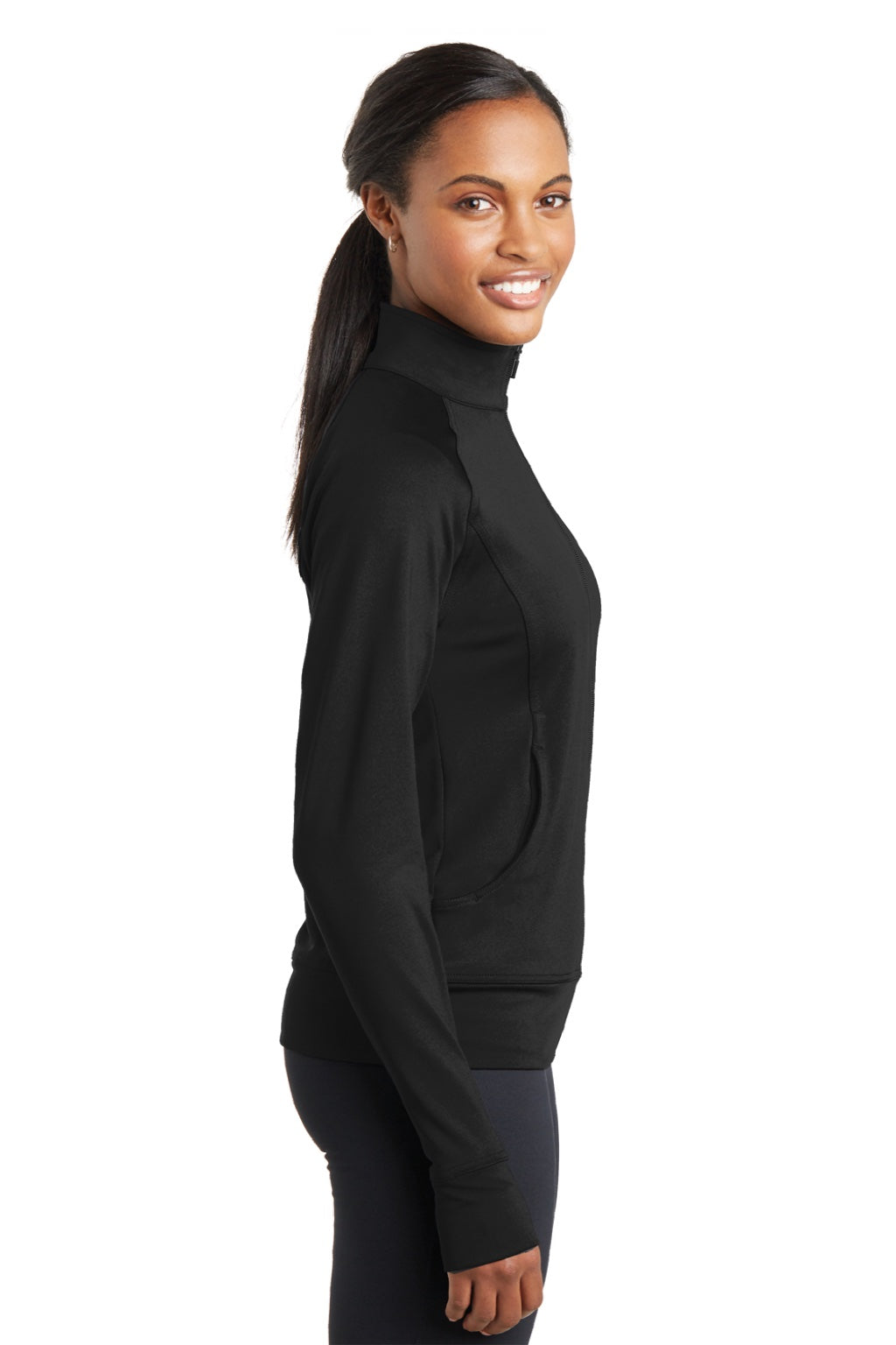 Sport-Tek LST885 Womens NRG Full Zip Sweatshirt w/ Pockets Black Model Side