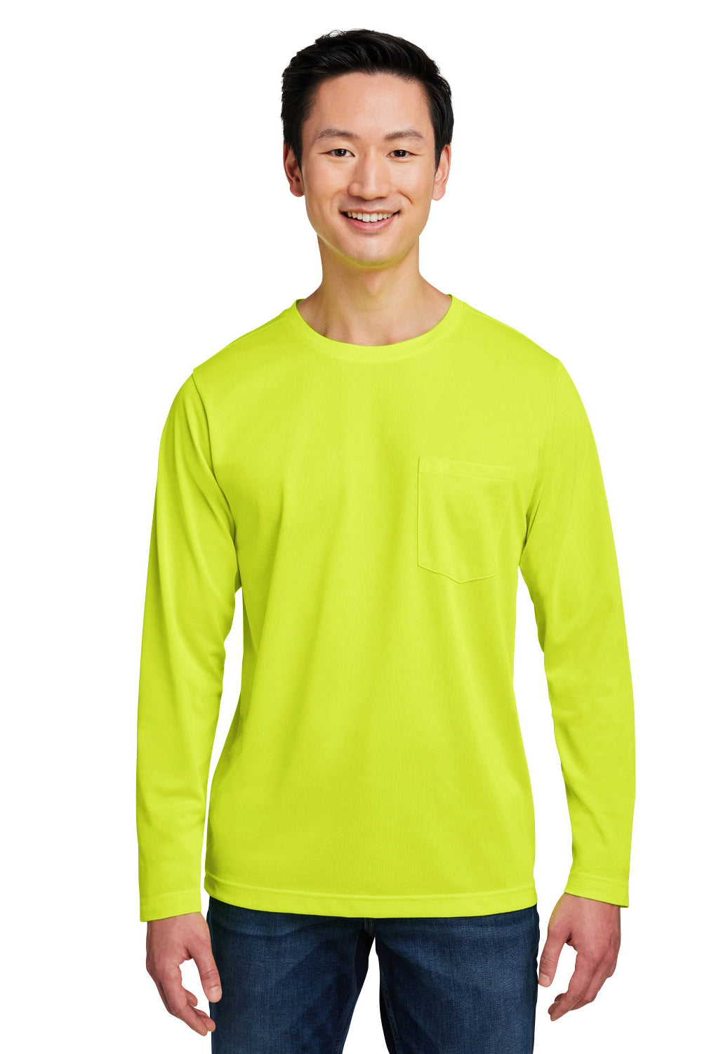 Harriton M118L Mens Charge Moisture Wicking Long Sleeve Crewneck T-Shirt w/ Pocket Safety Yellow Model Front