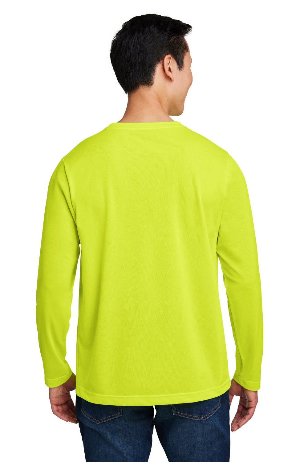 Harriton M118L Mens Charge Moisture Wicking Long Sleeve Crewneck T-Shirt w/ Pocket Safety Yellow Model Back