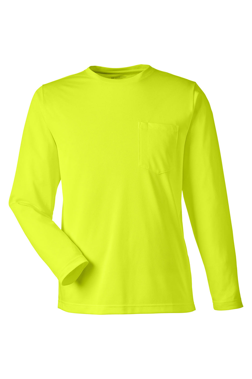 Harriton M118L Mens Charge Moisture Wicking Long Sleeve Crewneck T-Shirt w/ Pocket Safety Yellow Flat Front