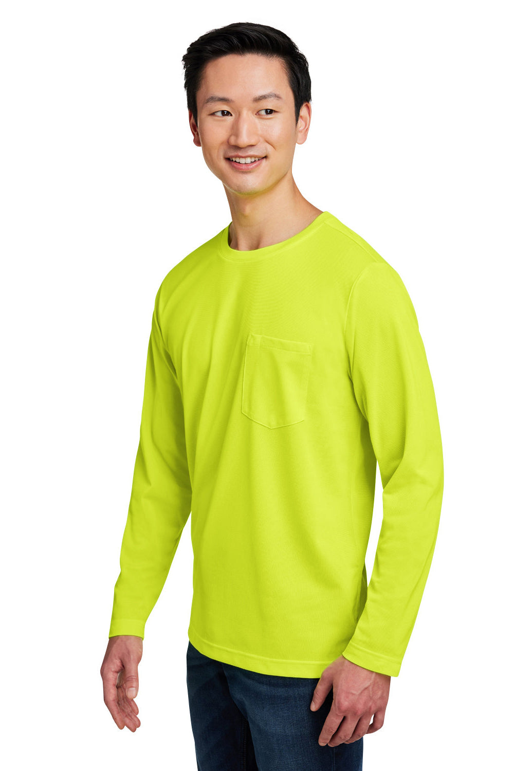 Harriton M118L Mens Charge Moisture Wicking Long Sleeve Crewneck T-Shirt w/ Pocket Safety Yellow Model 3q