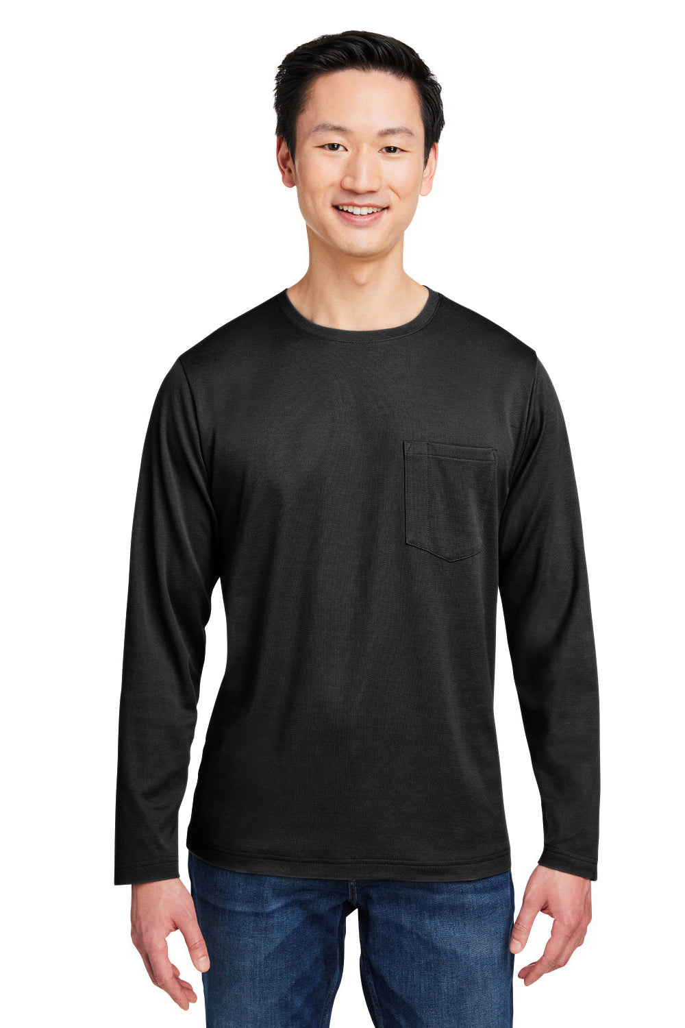 Harriton M118L Mens Charge Moisture Wicking Long Sleeve Crewneck T-Shirt w/ Pocket Black Model Front