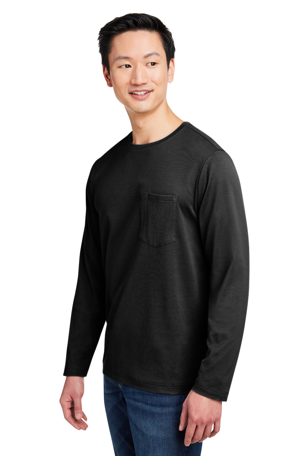 Harriton M118L Mens Charge Moisture Wicking Long Sleeve Crewneck T-Shirt w/ Pocket Black Model 3q