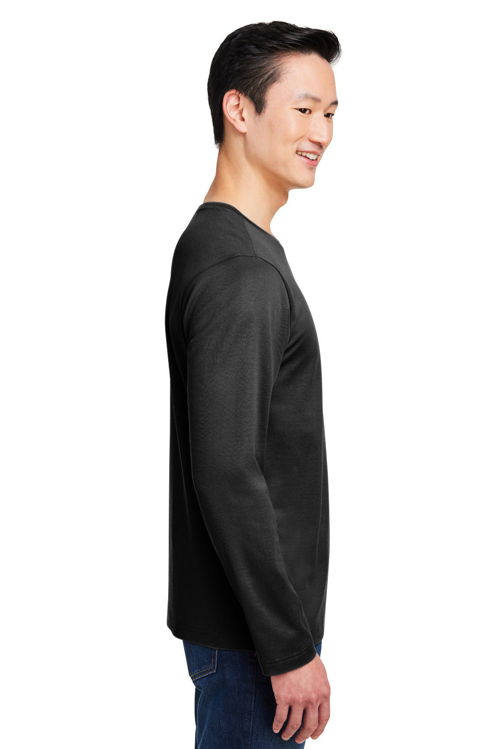 Harriton M118L Mens Charge Moisture Wicking Long Sleeve Crewneck T-Shirt w/ Pocket Black Model Side