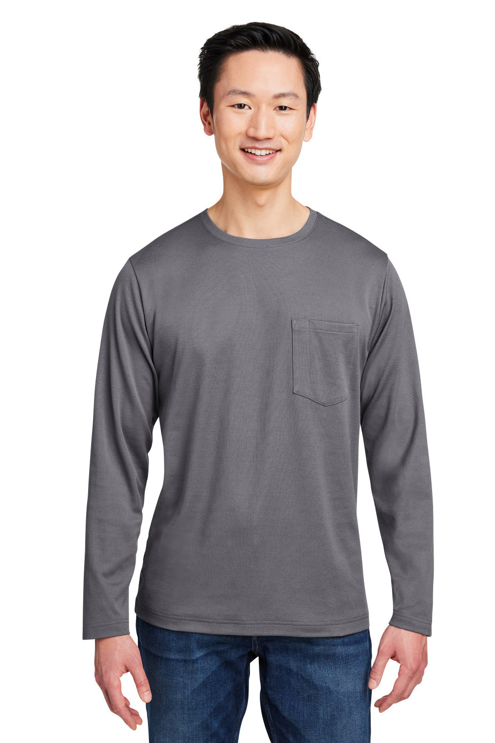 Harriton M118L Mens Charge Moisture Wicking Long Sleeve Crewneck T-Shirt w/ Pocket Dark Charcoal Grey Model Front
