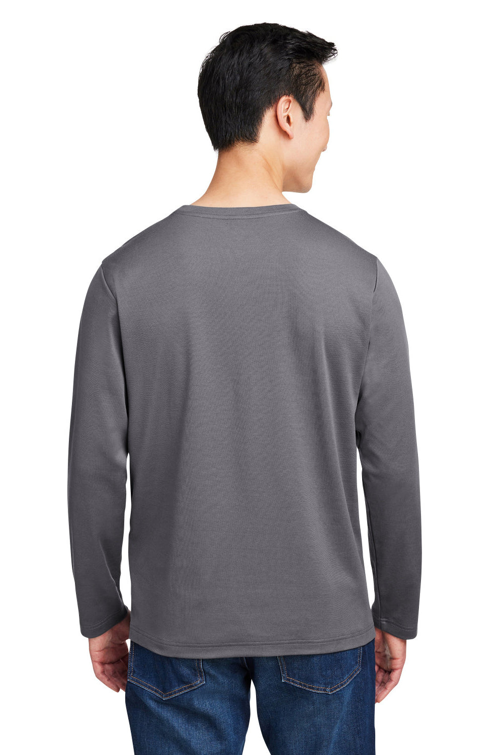 Harriton M118L Mens Charge Moisture Wicking Long Sleeve Crewneck T-Shirt w/ Pocket Dark Charcoal Grey Model Back