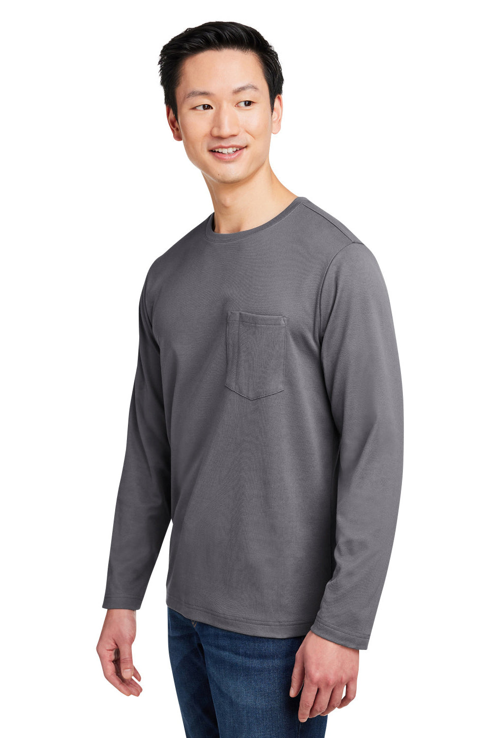 Harriton M118L Mens Charge Moisture Wicking Long Sleeve Crewneck T-Shirt w/ Pocket Dark Charcoal Grey Model 3q