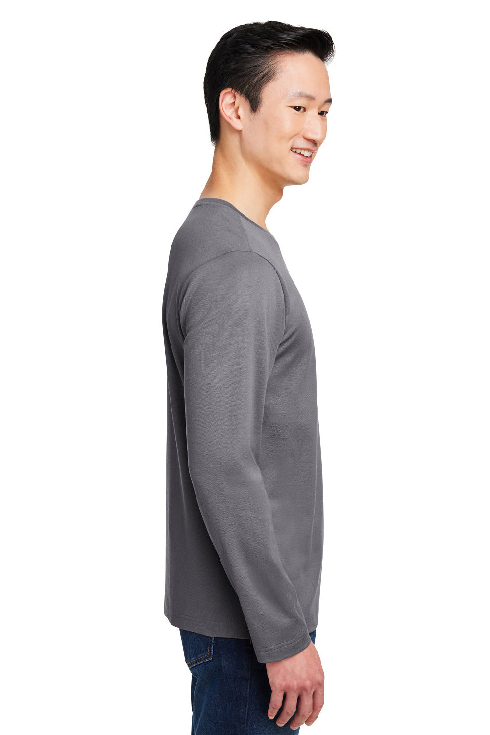 Harriton M118L Mens Charge Moisture Wicking Long Sleeve Crewneck T-Shirt w/ Pocket Dark Charcoal Grey Model Side