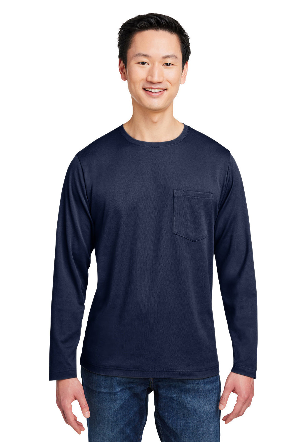 Harriton M118L Mens Charge Moisture Wicking Long Sleeve Crewneck T-Shirt w/ Pocket Dark Navy Blue Model Front