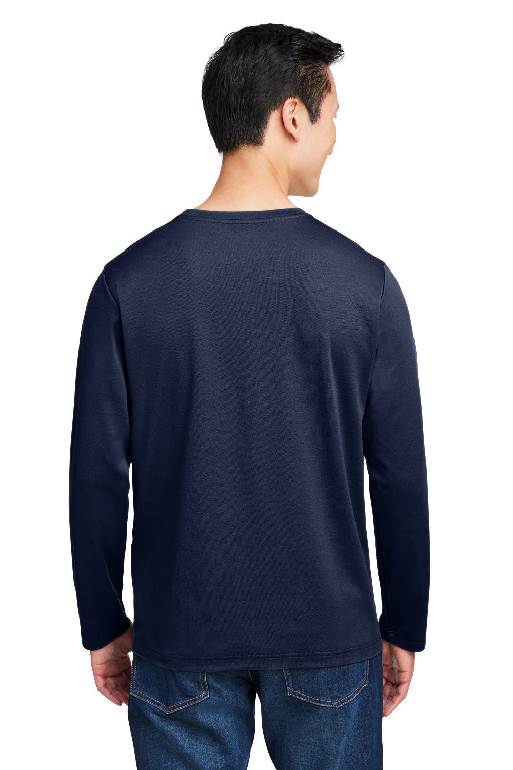 Harriton M118L Mens Charge Moisture Wicking Long Sleeve Crewneck T-Shirt w/ Pocket Dark Navy Blue Model Back