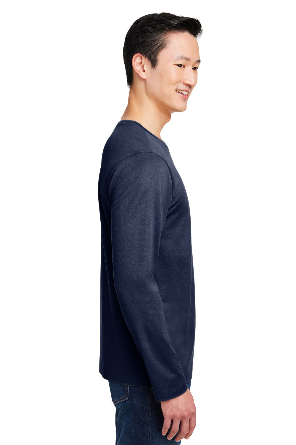 Harriton M118L Mens Charge Moisture Wicking Long Sleeve Crewneck T-Shirt w/ Pocket Dark Navy Blue Model Side