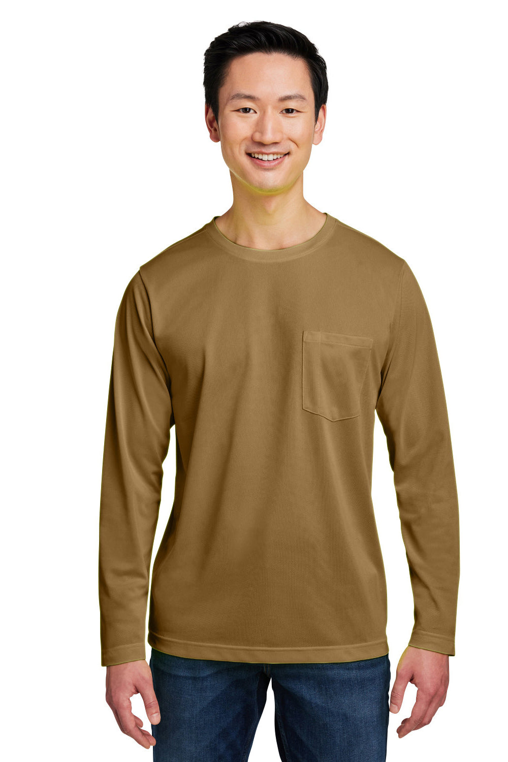 Harriton M118L Mens Charge Moisture Wicking Long Sleeve Crewneck T-Shirt w/ Pocket Coyote Brown Model Front