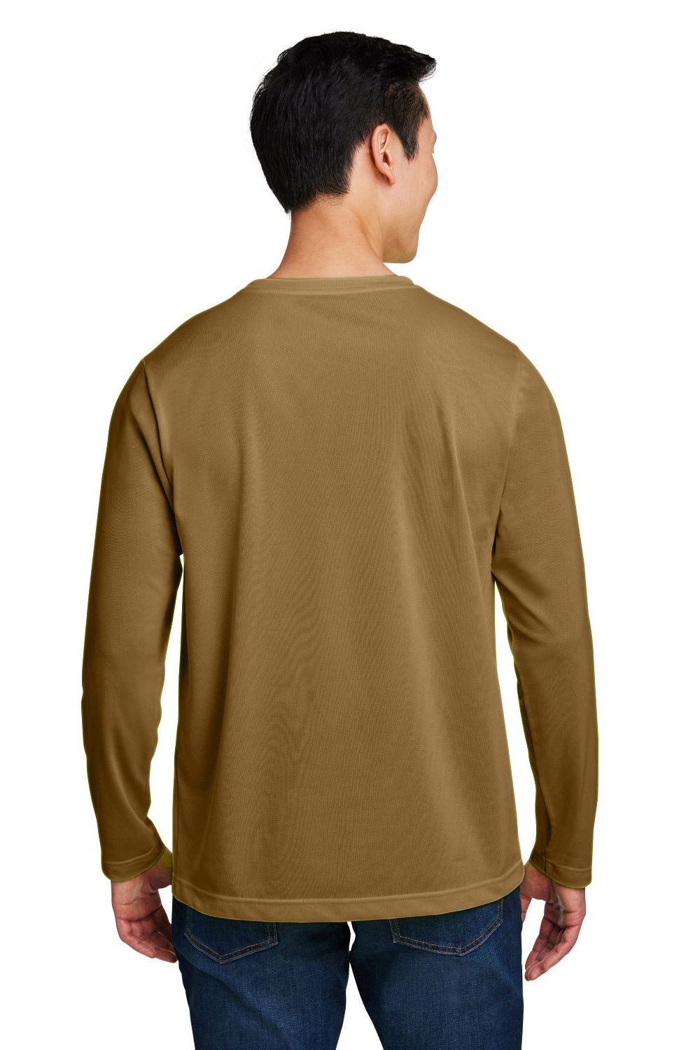 Harriton M118L Mens Charge Moisture Wicking Long Sleeve Crewneck T-Shirt w/ Pocket Coyote Brown Model Back