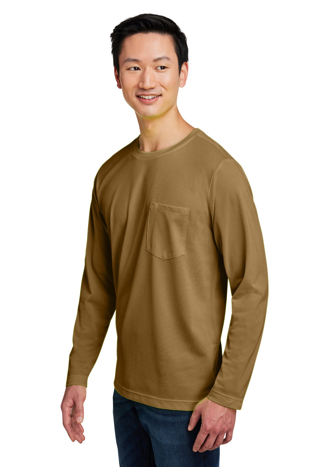 Harriton M118L Mens Charge Moisture Wicking Long Sleeve Crewneck T-Shirt w/ Pocket Coyote Brown Model 3q