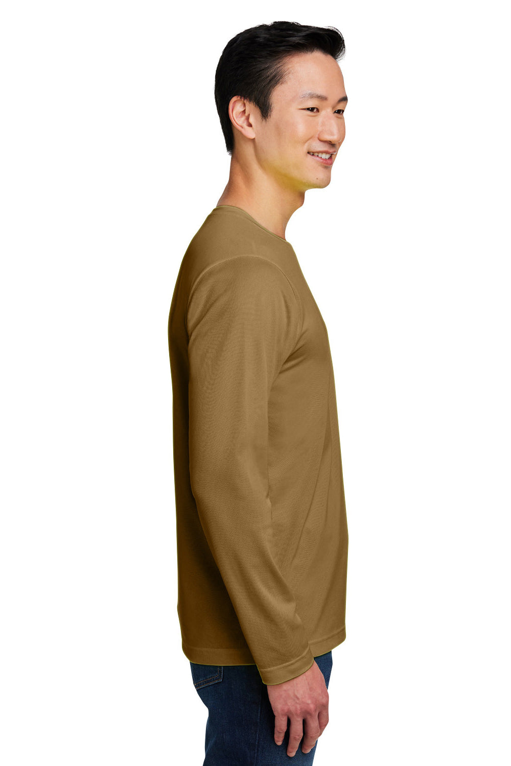 Harriton M118L Mens Charge Moisture Wicking Long Sleeve Crewneck T-Shirt w/ Pocket Coyote Brown Model Side