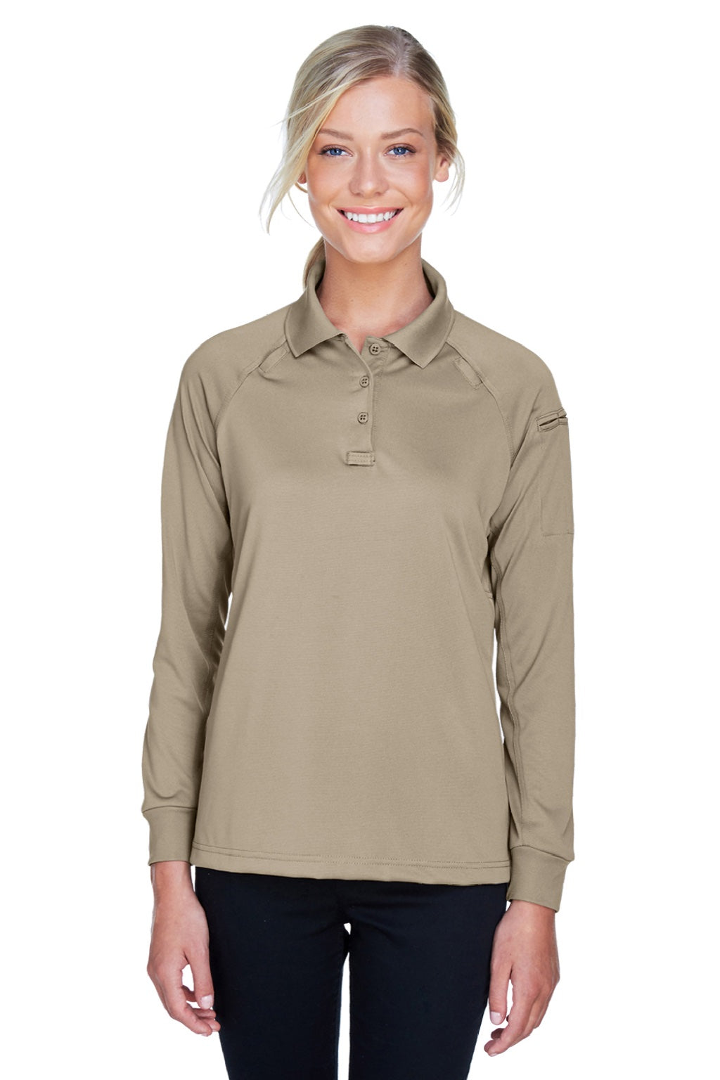 Harriton M211LW Womens Advantage Tactical Moisture Wicking Long Sleeve Polo Shirt Desert Khaki Brown Model Front