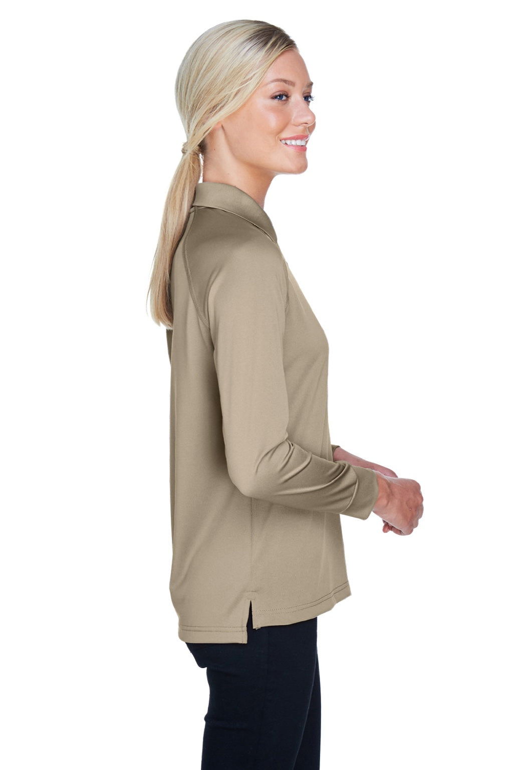 Harriton M211LW Womens Advantage Tactical Moisture Wicking Long Sleeve Polo Shirt Desert Khaki Brown Model Side
