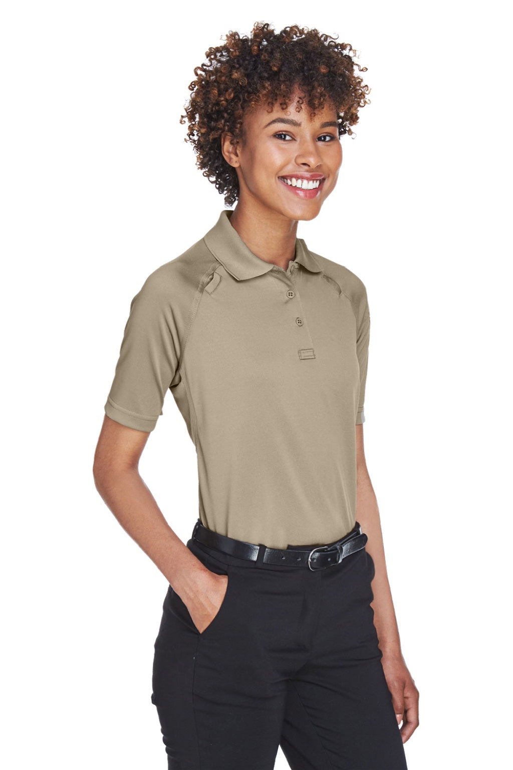 Harriton M211W Womens Advantage Tactical Moisture Wicking Short Sleeve Polo Shirt Desert Khaki Brown Model 3q