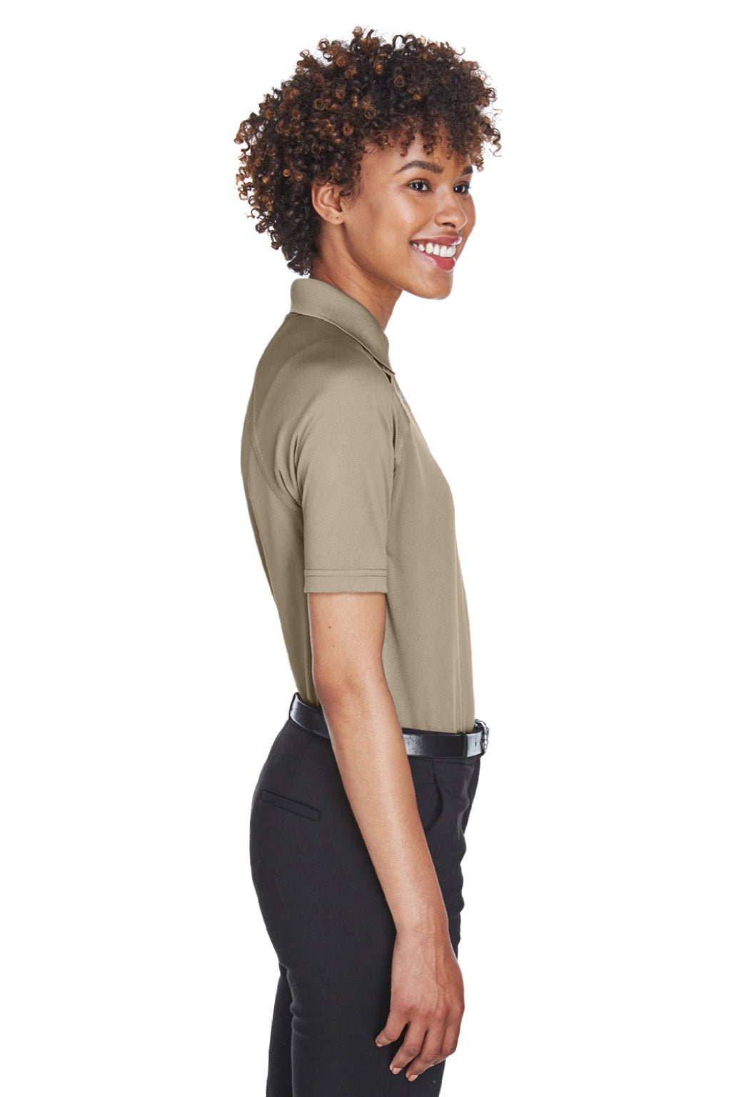 Harriton M211W Womens Advantage Tactical Moisture Wicking Short Sleeve Polo Shirt Desert Khaki Brown Model Side