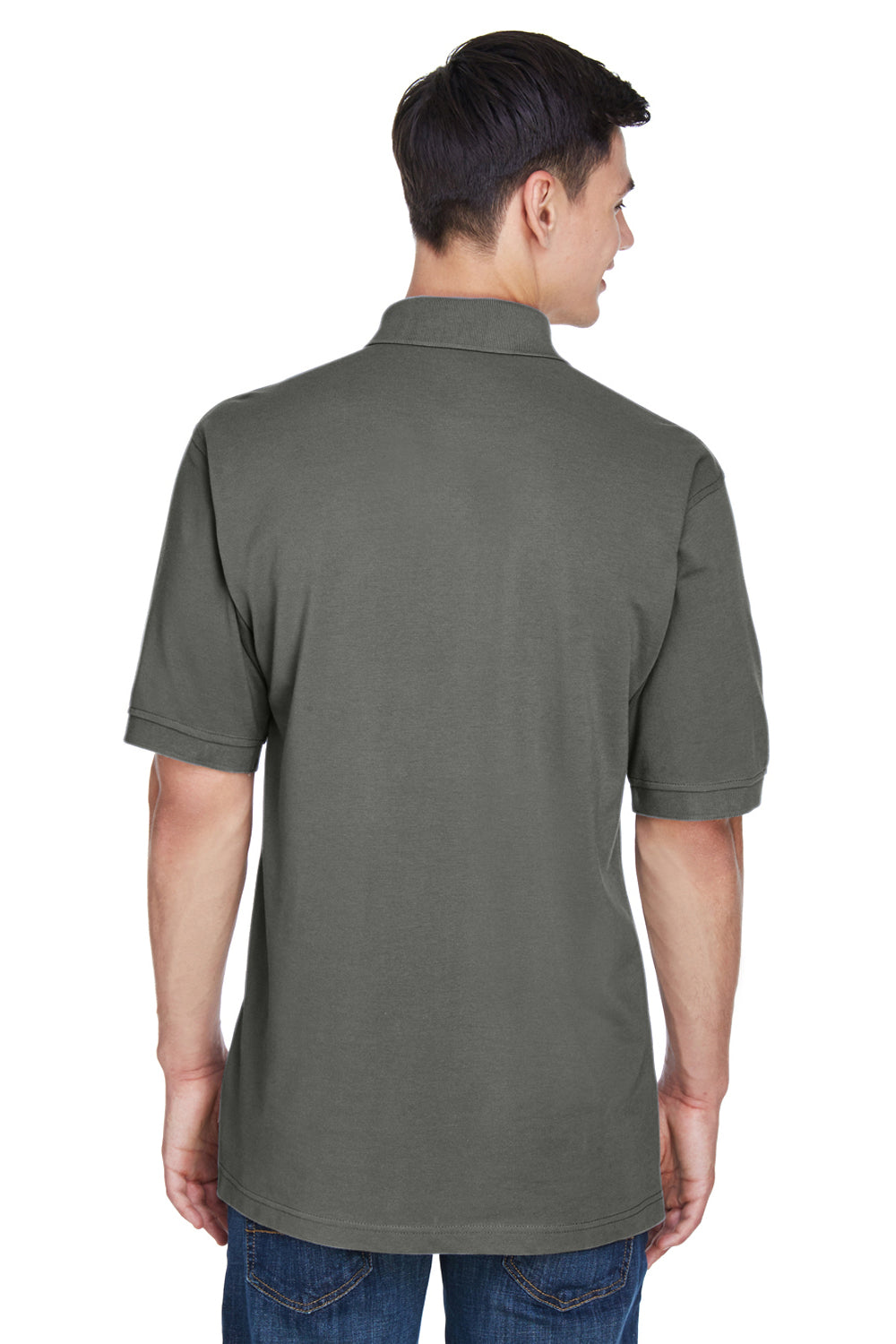 Harriton M265/M265T Mens Easy Blend Wrinkle Resistant Short Sleeve Polo Shirt Charcoal Grey Model Back