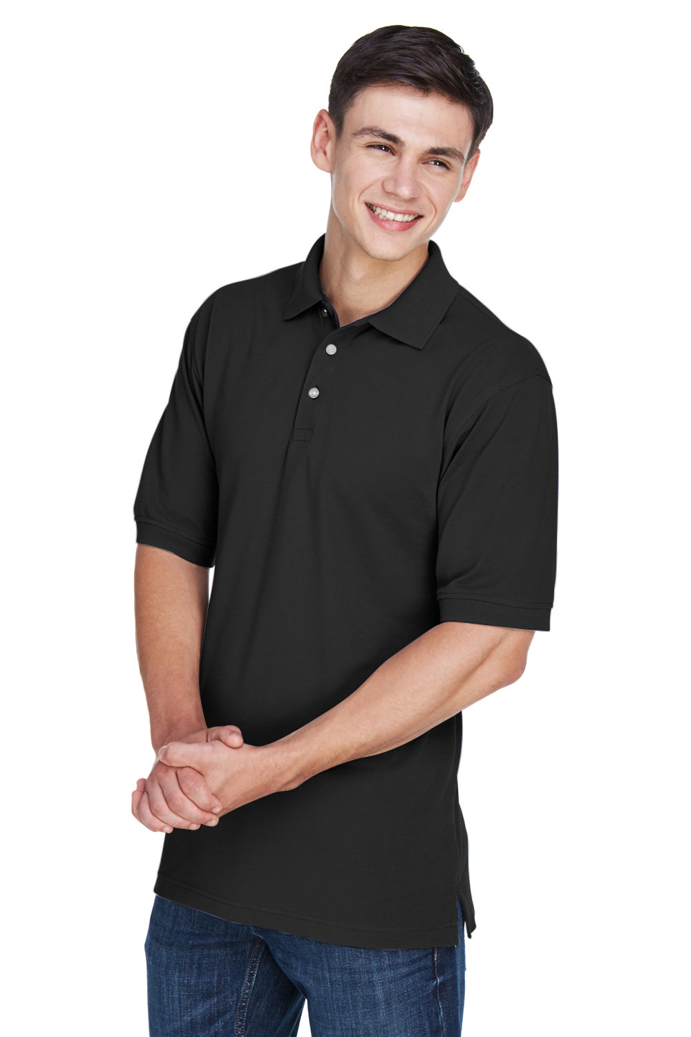 Harriton M265/M265T Mens Easy Blend Wrinkle Resistant Short Sleeve Polo Shirt Black Model 3q