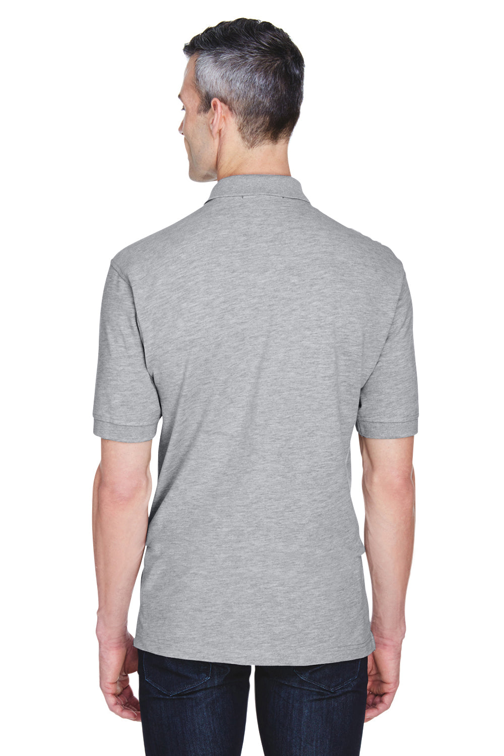 Harriton M265P Mens Easy Blend Wrinkle Resistant Short Sleeve Polo Shirt w/ Pocket Heather Grey Model Back