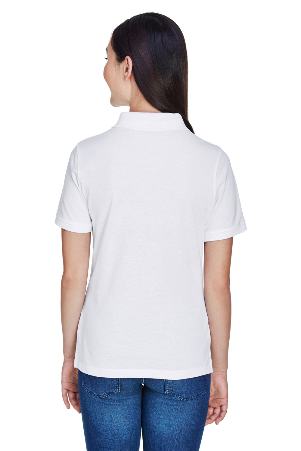 Harriton M265W Womens Easy Blend Wrinkle Resistant Short Sleeve Polo Shirt White Model Back