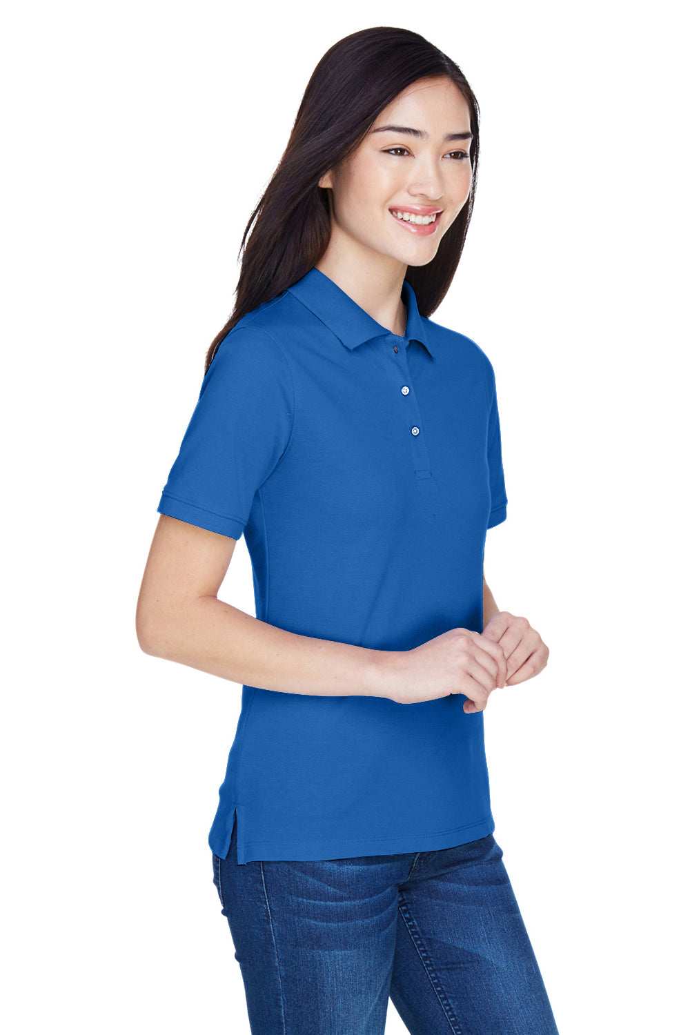 Harriton M265W Womens Easy Blend Wrinkle Resistant Short Sleeve Polo Shirt True Royal Blue Model 3q