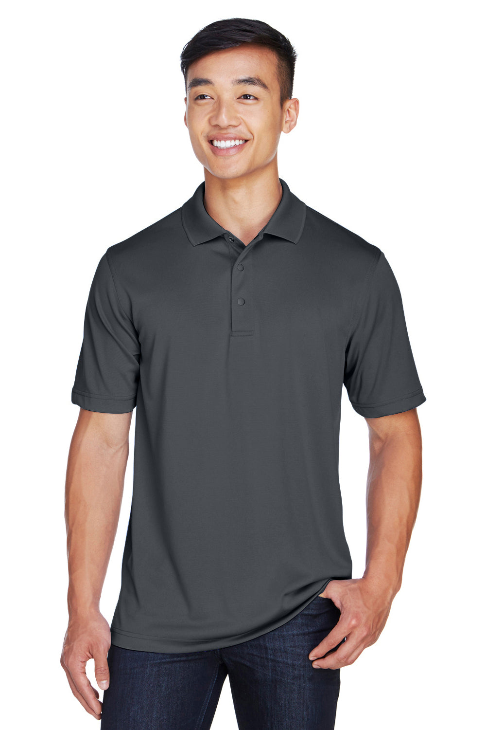 Harriton M345 Mens Advantage Moisture Wicking Short Sleeve Polo Shirt Dark Charcoal Grey Model Front