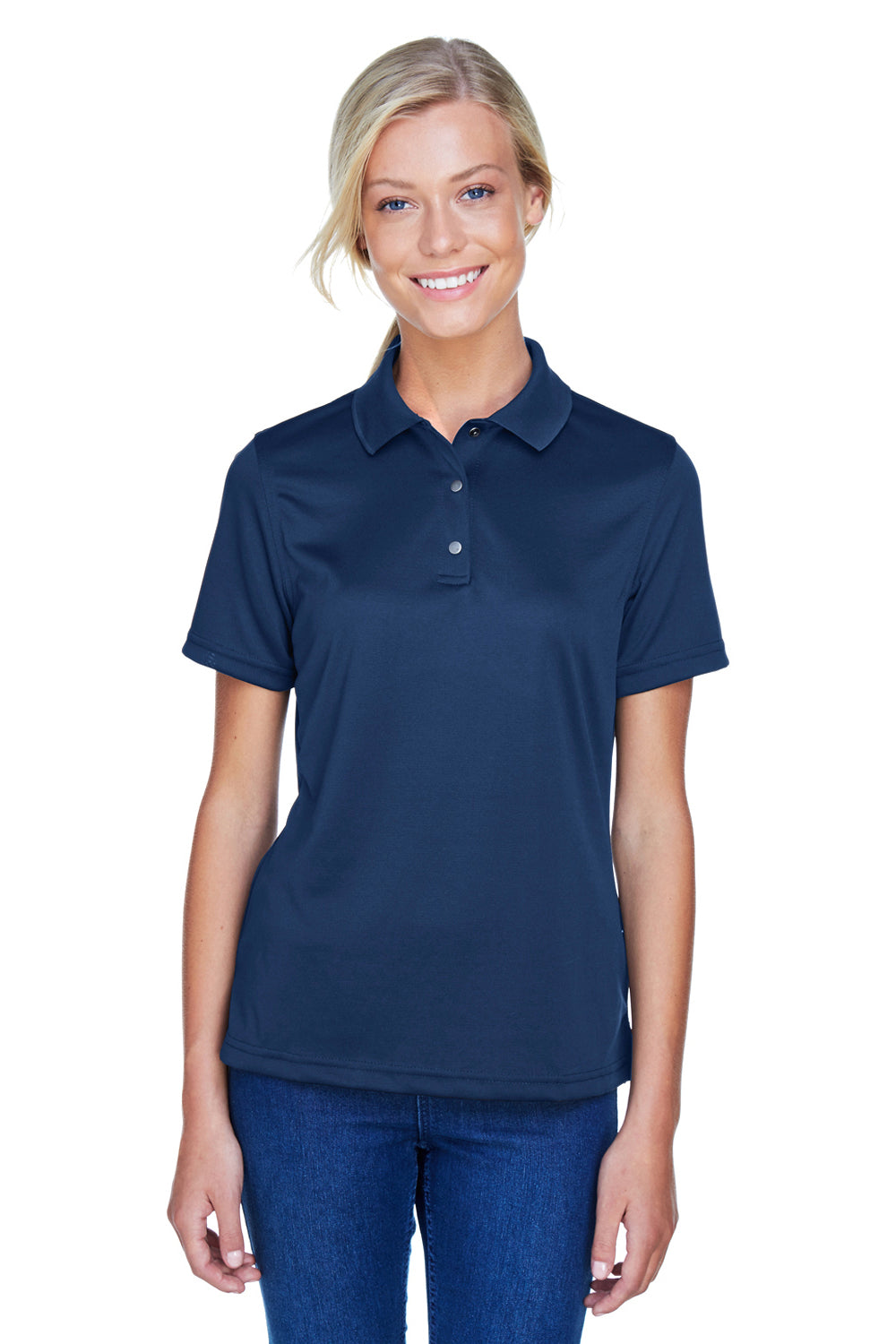 Harriton M345W Womens Advantage Moisture Wicking Short Sleeve Polo Shirt Dark Navy Blue Model Front