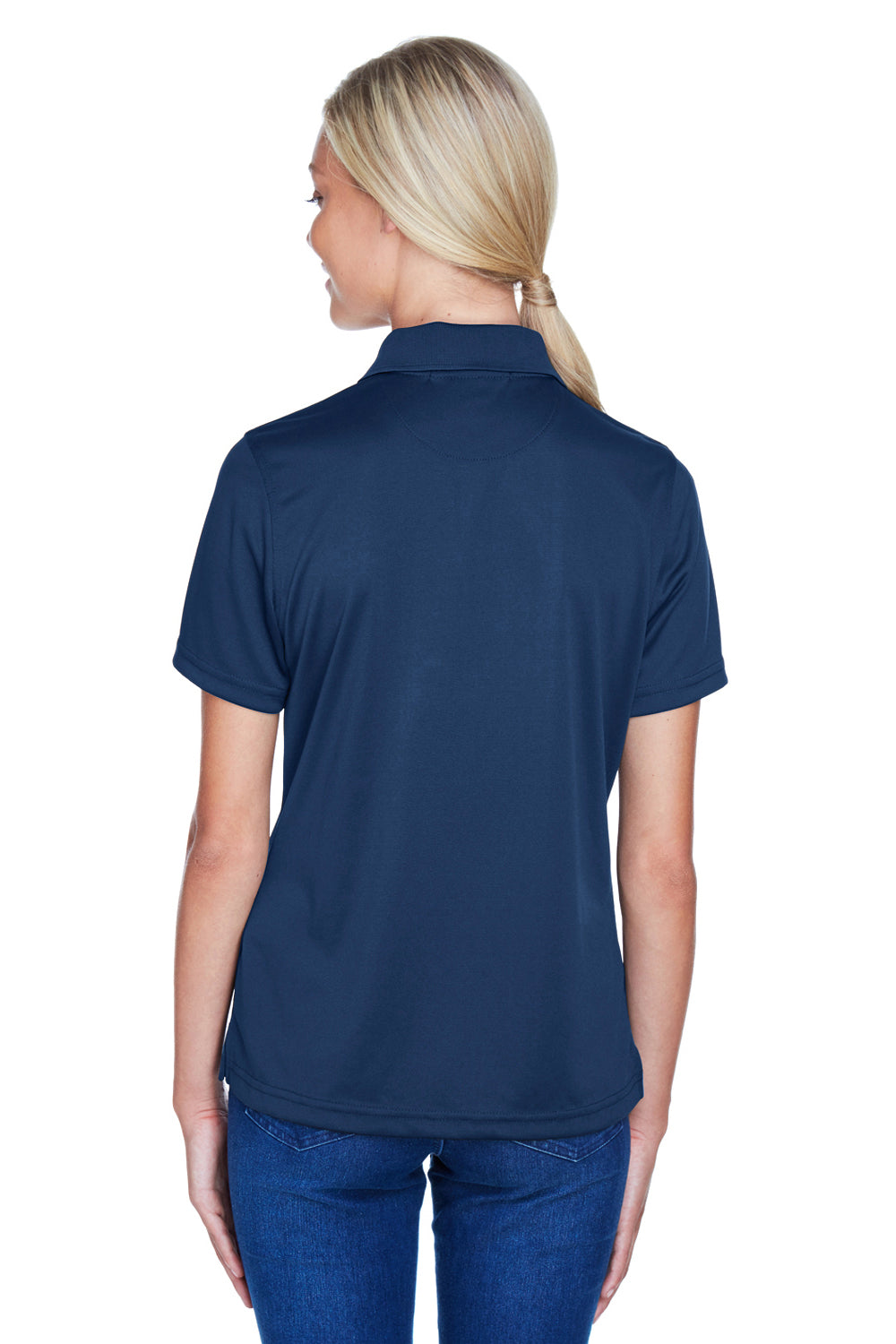 Harriton M345W Womens Advantage Moisture Wicking Short Sleeve Polo Shirt Dark Navy Blue Model Back