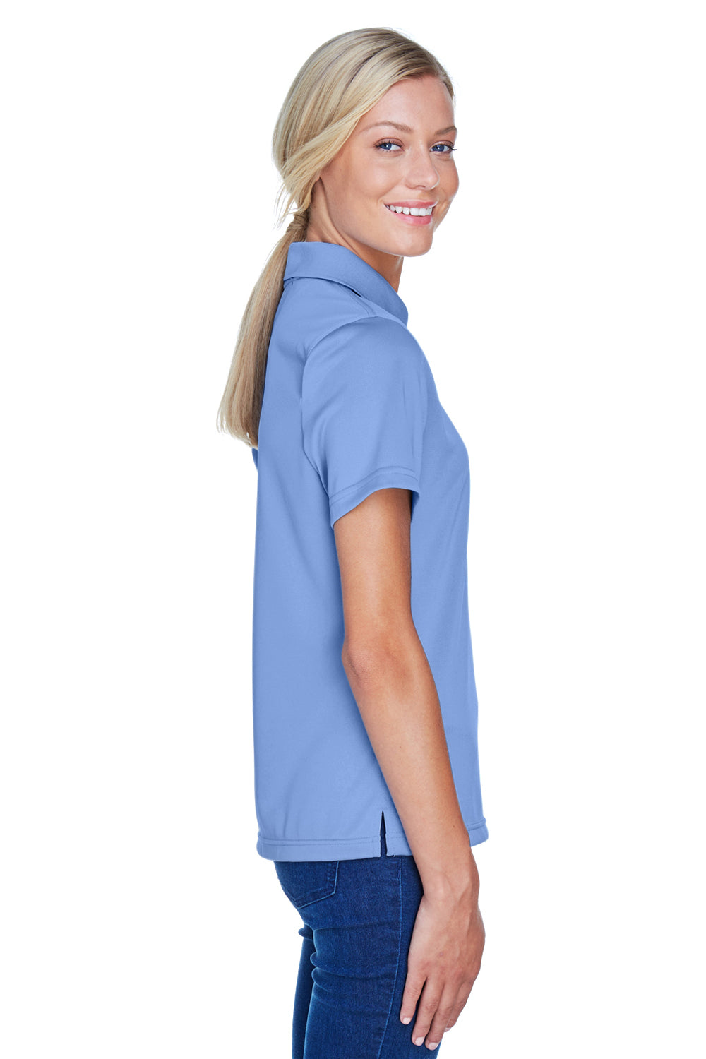 Harriton M345W Womens Advantage Moisture Wicking Short Sleeve Polo Shirt Industry Blue Model Side
